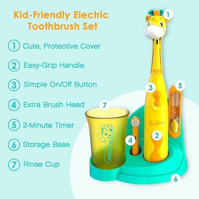 Brusheez Kids’ Electric Toothbrush Set - Safe & Effective for Ages 3+ - Parent Tested & Approved with Gentle Bristles, 2 Brush Heads, Rinse Cup, 2-Minute Timer, & Storage Base (Jovie The Giraffe)-CubbioJoy
