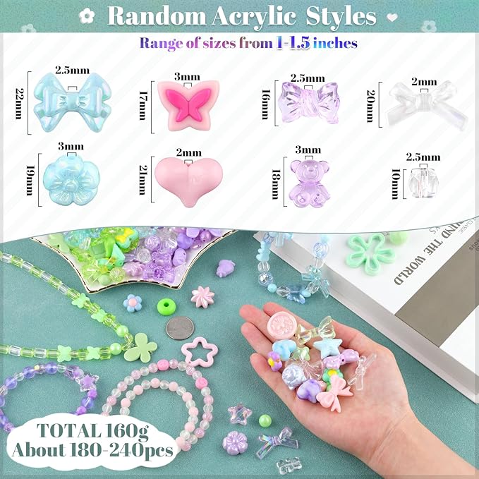 Assorted 180-240PCS Acrylic Beads for Bracelet Making, Flower Bow Butterfly Candy GummyBear Aesthetic Bracelet Charms,Cute Beads for Jewelry Making DIY Necklace Keychain Phone Charm-CubbioJoy