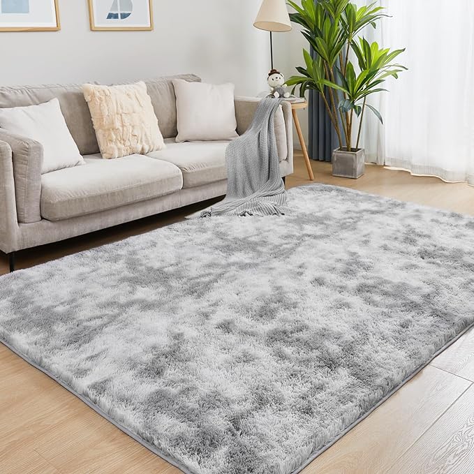 8x10 Area Rugs for Living Room, Ultra Soft Fluffy Rugs for Bedroom, Anti-Skid High Pile Indoor Carpet for Nursery, Study Room, Playroom, Home Decoration, Tie-Dyed Light Grey-CubbioJoy