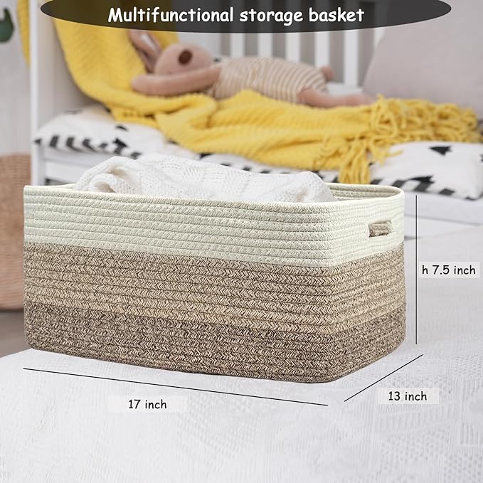 COMFY-HOMI Cotton Rope Woven Basket with Handles for Shelves,Toys,Book, Cloth Storage Baskets for Organizing-17" x 13" x 7.5" Toy Decorative Organizer for Living Room, Bathroom （white/3 brown）-CubbioJoy