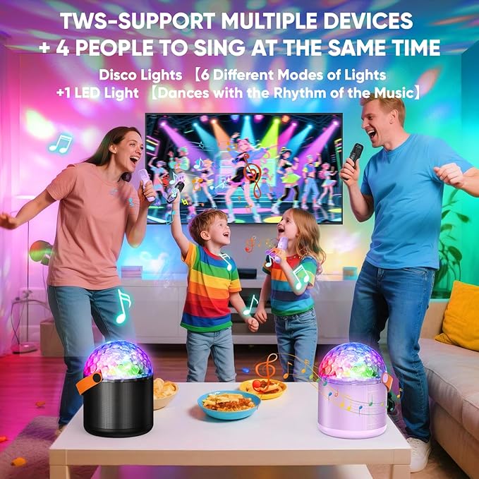 Karaoke Machine with Disco LED Lights for Adults Kids, Portable Bluetooth Speaker with 2 Wireless Microphone Toys Gifts for Girls Boys Birthday Family Home Party-CubbioJoy