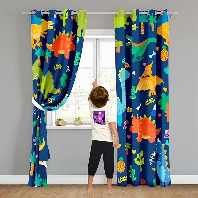 Cartoon Dinosaur Blackout Curtain Panels Curtains Blue Curtains for Boys Bedroom Grommet Top Window Treatment 2 Panels Drapes Kids Room Decor Navy Blue Curtains 84 Inch Length, 82" x 84"-CubbioJoy
