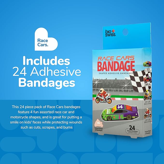 BioSwiss Bandages, Race Cars Shaped Self Adhesive Bandage, Latex Free Sterile Wound Care, Fun First Aid Kit Supplies for Kids and Adults, 24 Count-CubbioJoy