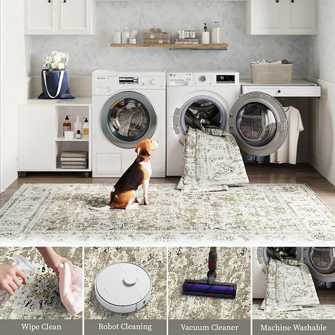 jinchan Runner Rug 2x6 Washable Hallway Runner - Vintage Floral Non Slip Low-Pile Soft Thin Kitchen Rug Distressed Carpet for Farmhouse Bedroom Entryway Laundry Room(2x6ft,Taupe)-CubbioJoy