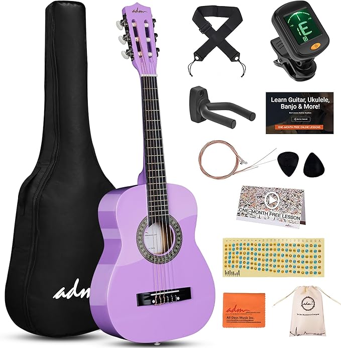 ADM Beginner Acoustic Classical Guitar 30 Inch Nylon Strings Wooden Guitar Bundle Kit for Kid Boy Girl Student Youth Guitarra Online Lessons with Gig Bag, Strap, Tuner, Strings, Picks, Purple-CubbioJoy