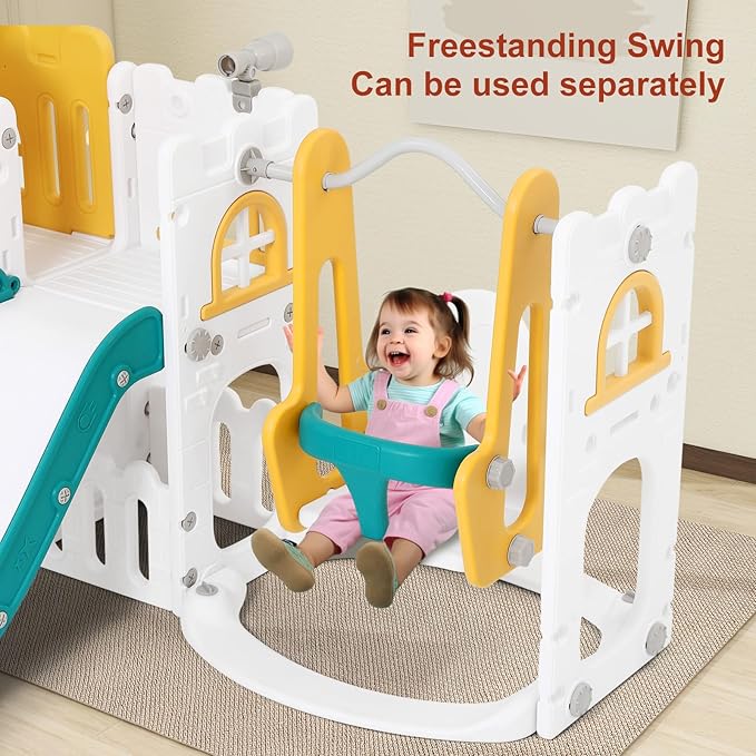 JOYLDIAS 10 in 1 Toddler Slide, Double Kid Climber Slide Playset w/Swing, Basketball Hoop, Telescope, Tunnel, Storage Space and Non-Slip Steps, Indoor Outdoor Backyard Playground Toy for Toddlers-CubbioJoy