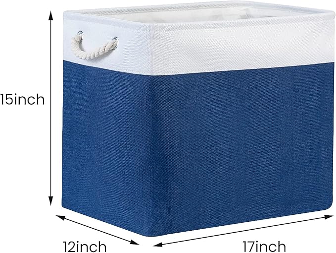 Bidtakay Large Canvas Organization Bins Set of 2 Navy Blue Rectangular Baskets 17x12x15 in for Blankets, Clothes, Towels, Dog Toys Storage-CubbioJoy