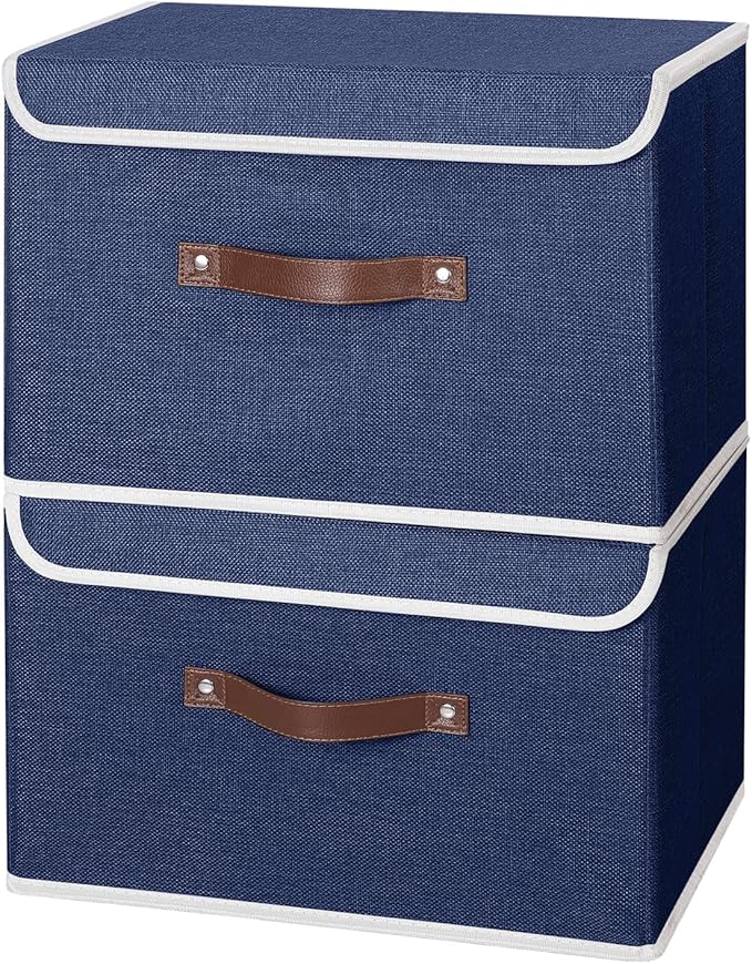 ANMINY 2PCS Storage Bins with Lid PU Leather Handles Storage Boxes PP Plastic Board Decorative Foldable Lidded Cotton Linen Fabric Home Cubes Baskets Closet Organizer Containers - Blue, Large Size-CubbioJoy
