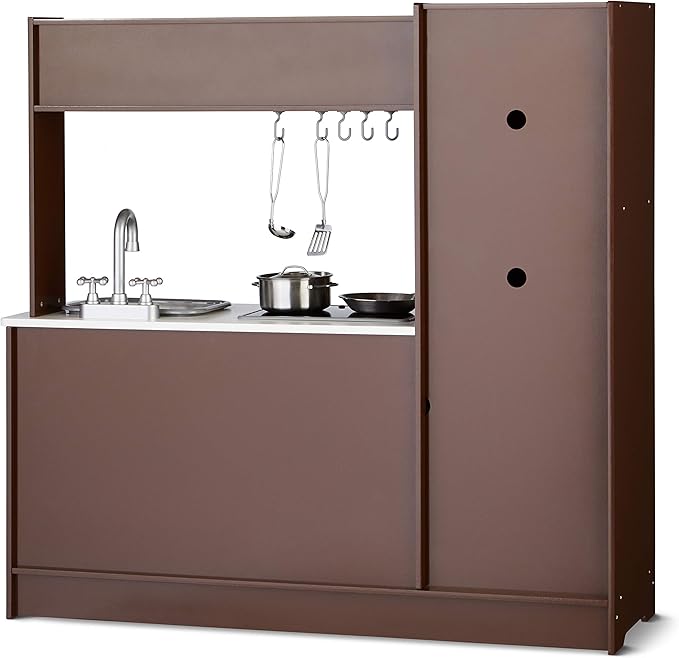Amazon Basics Kids Upright Wooden Kitchen Toy Playset with Stove, Oven, Sink, Fridge and Accessories, for Toddlers, Preschoolers, Children Age 3+ Years, Espresso/Gray, 39x11.8x39''-CubbioJoy