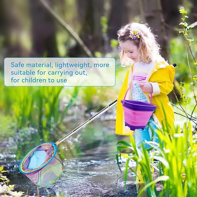 2PCS Fishing Net with Bucket, Telescopic Fishing Landing Net, Collapsible Kids Sand Bucket, Kids Fish Butterfly Catching for Freshwater Saltwater Outdoor Activities-CubbioJoy