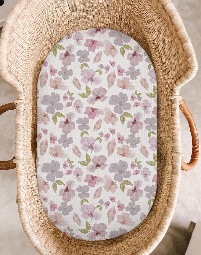 Bassinet Sheet for Baby Boy and Girl 2 Pack, Fitted Sheets for Rectangle, Oval, Hourglass Bassinet Mattress, Muslin Moses Basket Sheets with Neutral Style (Purple Petals & White)-CubbioJoy