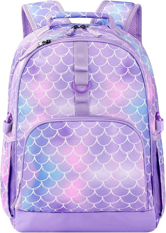 Choco Mocha Mermaid Backpack for Girls, Elementary School Backpack for Girls Ages 6-8 Kids Kindergarten Backpack Large Bookbag 18 Inch with Chest Strap, Blue Purple-CubbioJoy