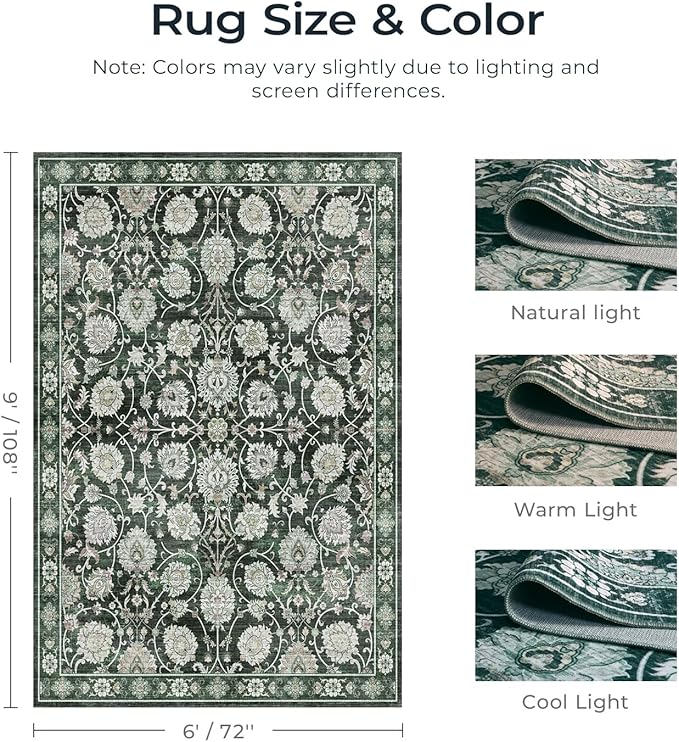 6x9 Area Rug for Living Room & Bedroom, Washable Non-Slip Floral Rugs, Soft Vintage Carpet, Low Pile Wool Carpets for Indoor Dining Home Office Playroom Under Table, Modern Decor, Dark Green-CubbioJoy
