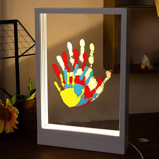 CHERRY CHEERS Family Handprint Kit with Light, Handprint Keepsake Frame, Wooden Led Light, Easy Install, No Need Screw etc, Non-Toxic Paints (White)-CubbioJoy