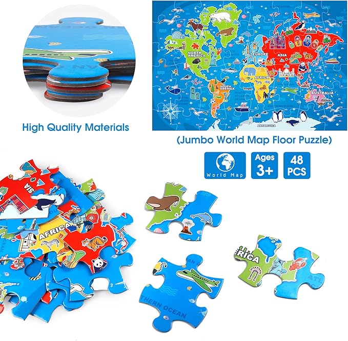 Jumbo Floor Puzzle for Kids,World Map Jigsaw Geography Puzzles,48 Piece Globe Atlas Puzzle with Continents,United States Puzzle for Ages 3-5,Preschool Learning Toys Gift for 4-8 Years Old-CubbioJoy