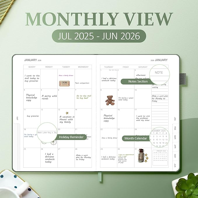 2025-2026 Planner for Women, Lather Weekly & Monthly Organizer, July 2025-June 2026, Hardcover with Gold Foil, Tabs, and Inspirational Pages - Ideal for Professionals, Green-CubbioJoy