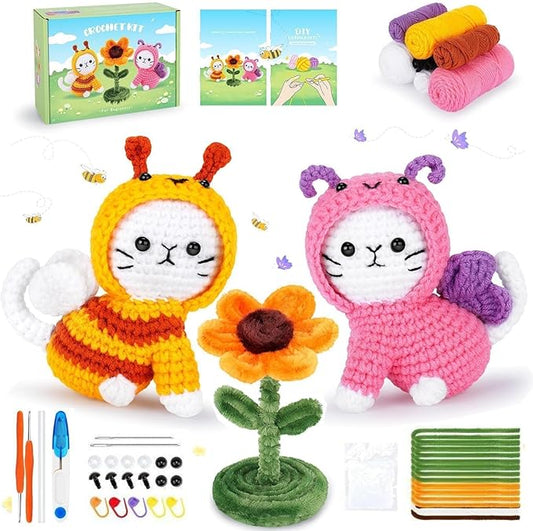 Crochet Kit for Beginners, 2PCS Cats Dressed as Bee and Butterfly Crochet Kits with Step-by-Step Video Tutorials, Beginner Crochet Kits for Kids and Adults, Animal Crocheting Kit for Starters-CubbioJoy
