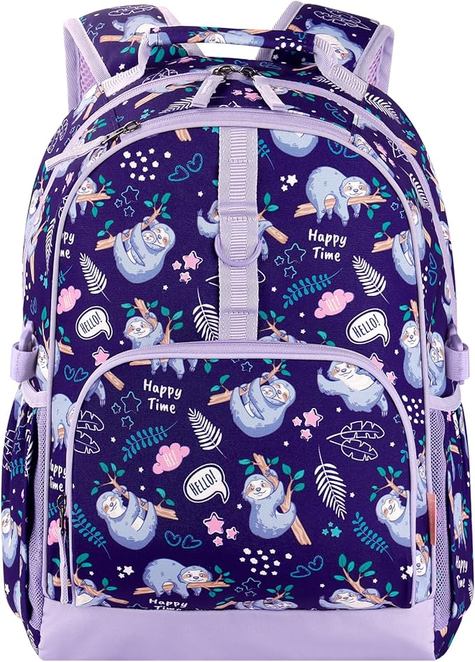 Choco Mocha Sloth Backpack for Girls, Elementary School Backpack for Girls Ages 6-8 Kids Kindergarten Backpack Bookbag 17 Inch with Chest Strap, Purple-CubbioJoy
