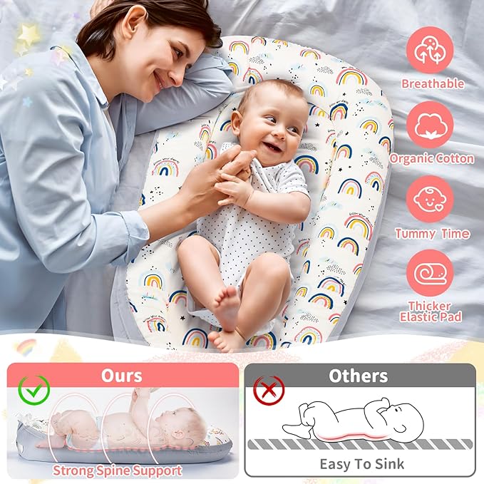 Baby Lounger- Baby Nest for 0-24 Months, Ultra Soft Organic Cotton Breathable & Portable Baby Lounger, Baby Lounger Pillow for Newborn-CubbioJoy