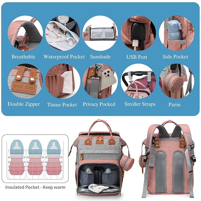 Jeryswet Baby Diaper Bags with Changing Station, Waterproof Large Capacity Diaper Bag Backpack for Moms Dads with USB Charging Port and Stroller Straps, Baby Shower Gifts, Pink-Grey-CubbioJoy