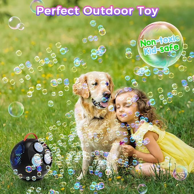 Bubble Machine Automatic Bubble Blower for Kids Toddlers Rechargeable Portable Spherical LED Bubble Maker Electric Auto Rotating 45°/360° Outdoor Toy Birthday Party Wedding (Spherical Black)-CubbioJoy