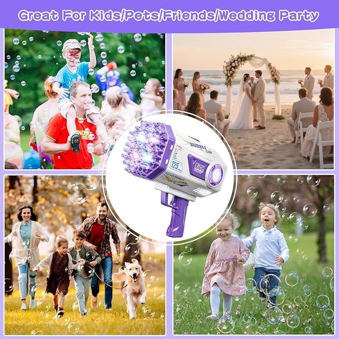 BOMOCO Bubble Gun,125 Holes Bubble Machine Bubbles for Kids 3-12,Bubble Blaster Gun with Bubble Solution Summer Outdoor Bubble Toys Birthday Wedding Halloween Party Favors Gifts Bubble Maker,Purple-CubbioJoy