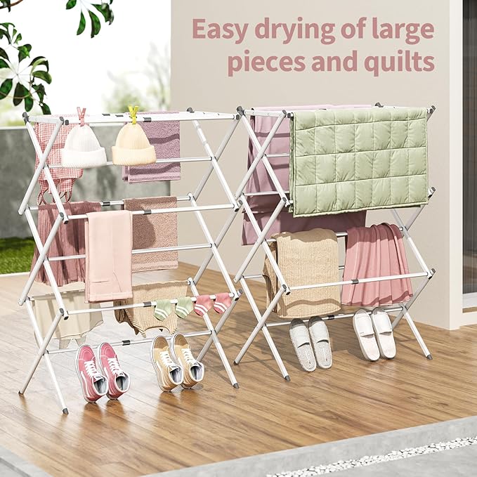 APEXCHASER Clothes Drying Rack, 3-Tier Laundry Drying Rack for Clothes, Expandable Metal Clothing Dryer, Collapsible Towel Rack, Air Drying Rack, White-CubbioJoy