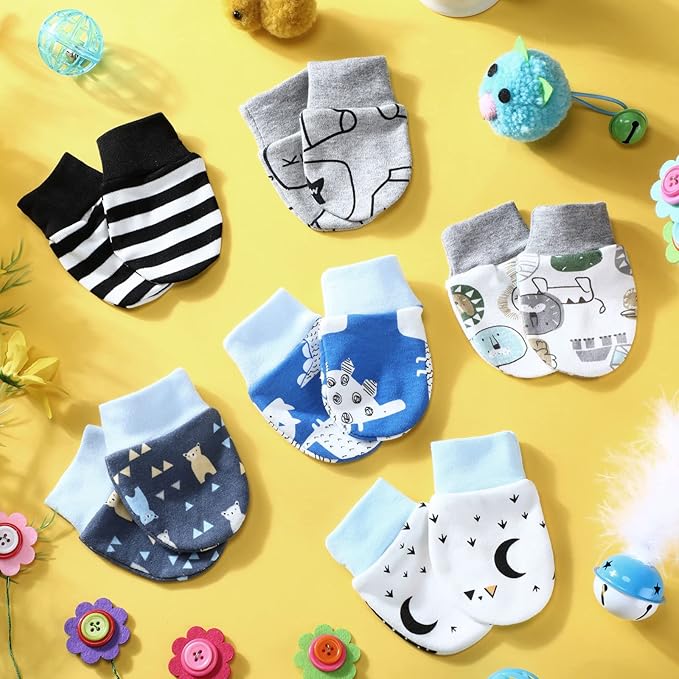 6 Pairs Newborn Baby Mittens No Scratch Gloves Infant Toddler Anti Scratch Essentials Unisex Cotton for 3-9 Months Girls Boys (Gray Series, Cool)-CubbioJoy