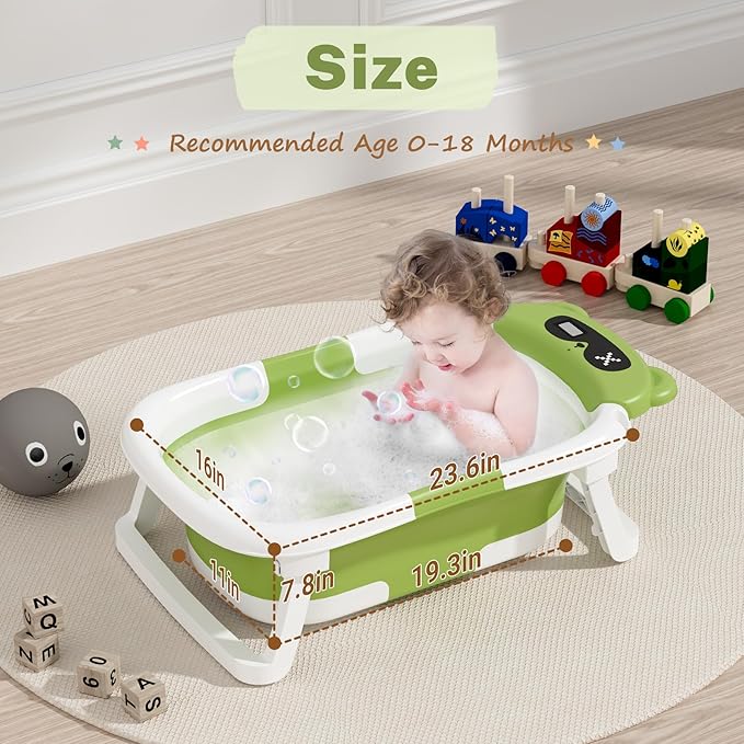 AVIDOR Baby Bathtub,Collapsible Bathtub for Newborn to Toddler,Durable Essential Infant Bath Tub,Portable Travel Baby Tub with Soft Cushion,No-Slip Hanging and Detachable(Green)-CubbioJoy