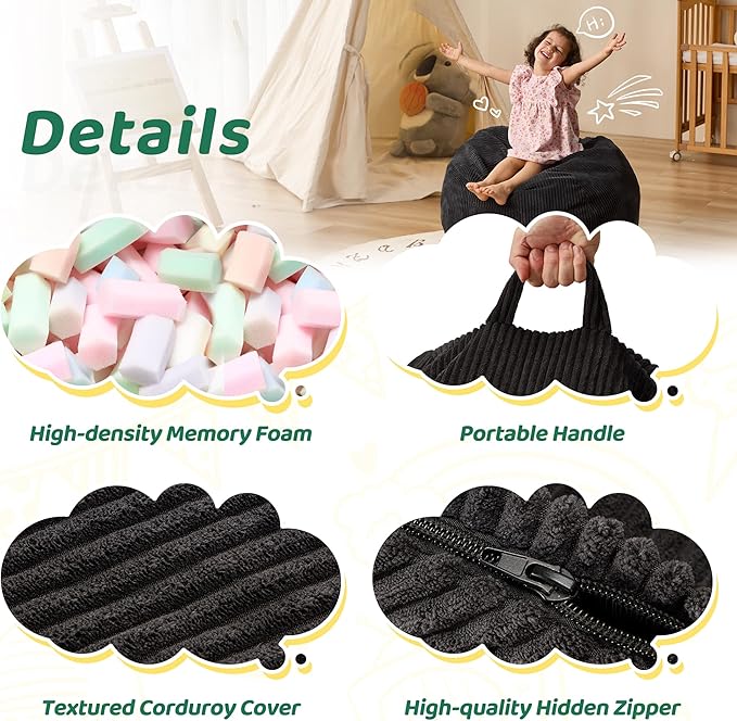 Bean Bag Chairs Teardrop Bean Bag Chair Beanbag Chair with Memory Foam Filled Machine Washable Cover for Living Room, Bedroom (Small,Black)-CubbioJoy