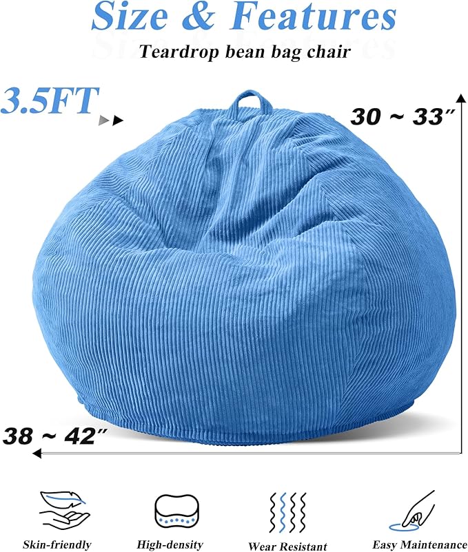 3.5FT Bean Bag Chairs Teardrop Bean Bag Chair for Adults Beanbag Chair with Memory Foam Filled Machine Washable Cover for Living Room, Bedroom (Large,Blue)-CubbioJoy