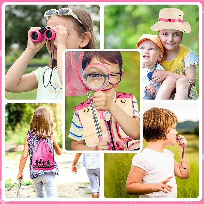 INNOCHEER Kids Explorer Kit & Bug Catcher Kit & Safari Costume Kit, Outdoor Exploration Set with Hat, Vest, Butterfly Net and Bugs Book for Boys Girls 3-12 Years Old (Camouflage Pink)-CubbioJoy