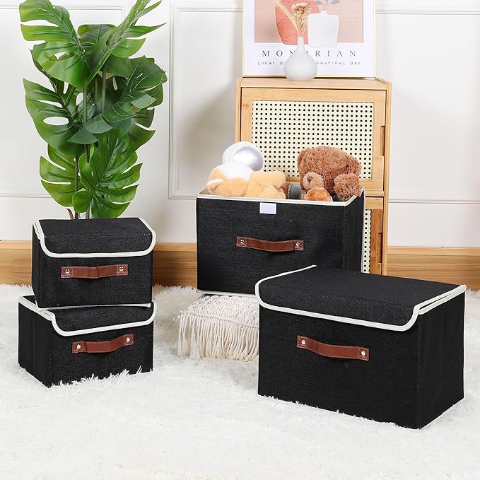 ANMINY 4PCS Storage Bins with Lid PU Leather Handles Storage Boxes PP Plastic Board Decorative Foldable Lidded Cotton Linen Fabric Home Cubes Baskets Closet Organizer Containers - Black, Small Size-CubbioJoy