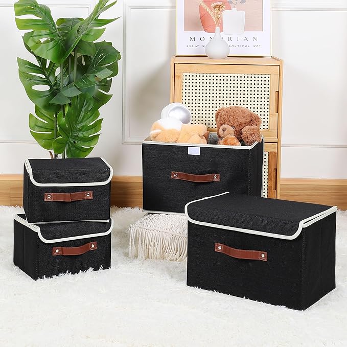 ANMINY 4PCS Storage Bins with Lid PU Leather Handles Storage Boxes PP Plastic Board Decorative Foldable Lidded Cotton Linen Fabric Home Cubes Baskets Closet Organizer Containers - Black, Large Size-CubbioJoy