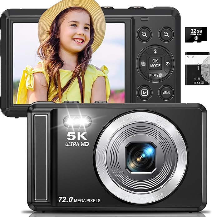 5K Digital Camera - 72MP UHD Digital Cameras for Photography - Autofocus Point and Shoot Small Camera with Flash for Kids - 2.8 Inch Screen Compact Portable Vlogging Camara with 16X Zoom, 32GB SD Card-CubbioJoy