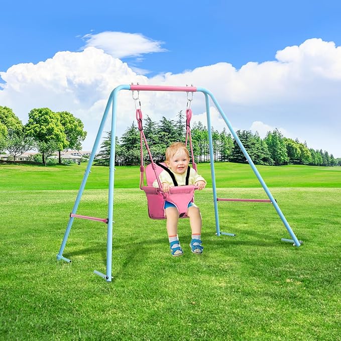 2-in-1 Toddler Swing Set with Metal Stand, Safety Belt & 4 Anchors - A-Frame Swing for Kids 6 Months+ (Pink, Indoor/Outdoor Backyard Playground)-CubbioJoy