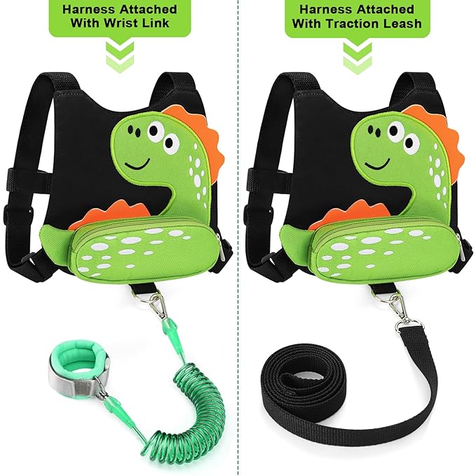 Accmor Toddler Harness Leash, Cute Dinosaur Kids Harness Child Leash with Anti Lost Wrist Link for Outdoor Travel, Adorable Baby Walking Harness Wristband Assistant Strap for 1-3 Years Old Boys Girls-CubbioJoy