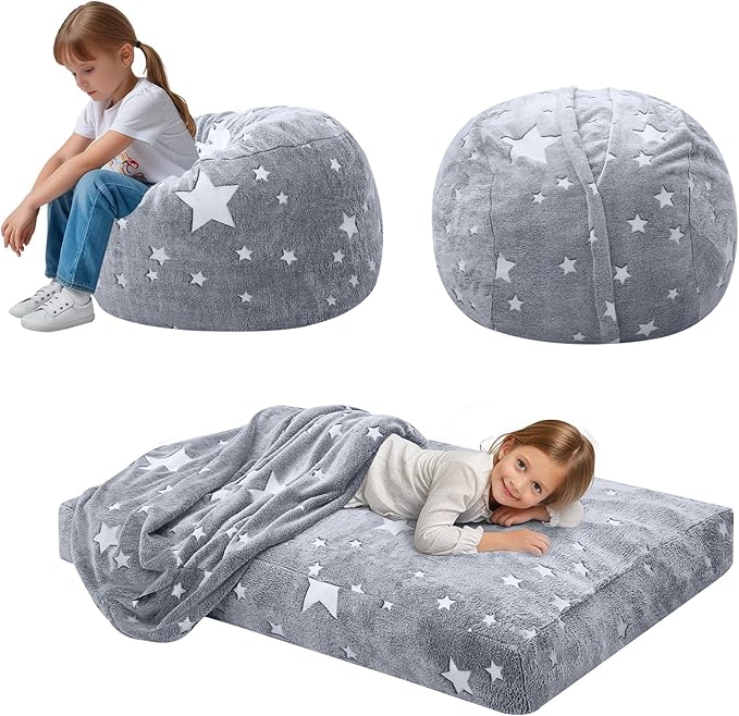 COMAX Kids Bean Bag Chair Turn into Beanbag Bed, Unicorn Toddler Bean Chair for Girl Boy Sleeping, Lazy Children Sofa Couch with Filler, Convertible Child Floor Mattress, Glowing Grey Star-CubbioJoy