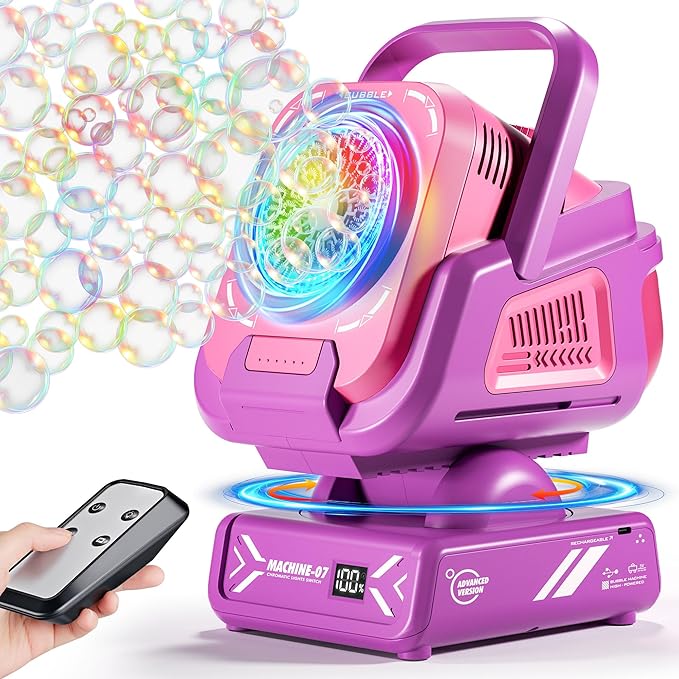 2025 Upgraded Bubble Machine with Remote Control, Automatic Rotation & RGB Lights, 1800mAh Rechargeable Battery, Type-C Charge, Bubble Maker for Kids, Weddings, Birthday Parties, Outdoor Activities-CubbioJoy
