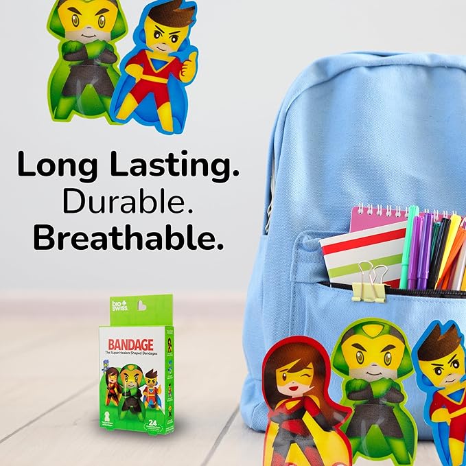 BioSwiss Bandages, Super Healers Superhero Shaped Self Adhesive Bandage, Latex Free Sterile Wound Care, Fun First Aid Kit Supplies for Kids and Adults, 24 Count-CubbioJoy