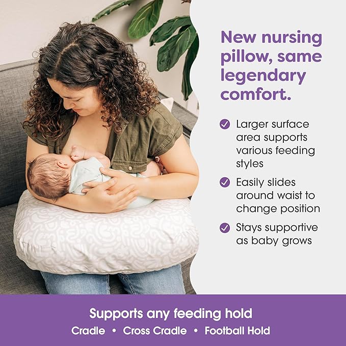 Boppy Nursing Pillow - Ergonomic Bottle & Breastfeeding Pillow with High, Firm, Large Area, Water-Repellent Cushion with Washable Cover; Baby Safety Alliance Verified - Cream Retro Squiggles-CubbioJoy