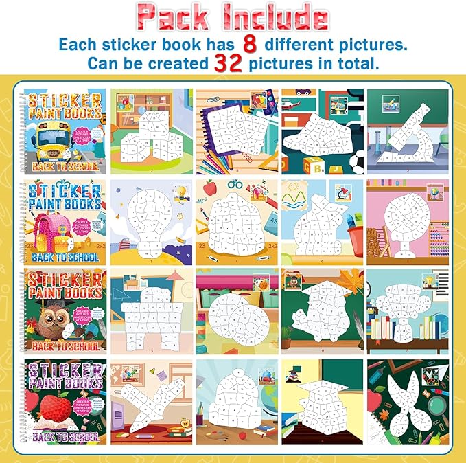 4Pcs Back to School Paint by Sticker Books Sticker by Number Books Activity Book Puzzle Book Craft Art Gift School Bus Apple Owl Alarm 32 Pictures-CubbioJoy