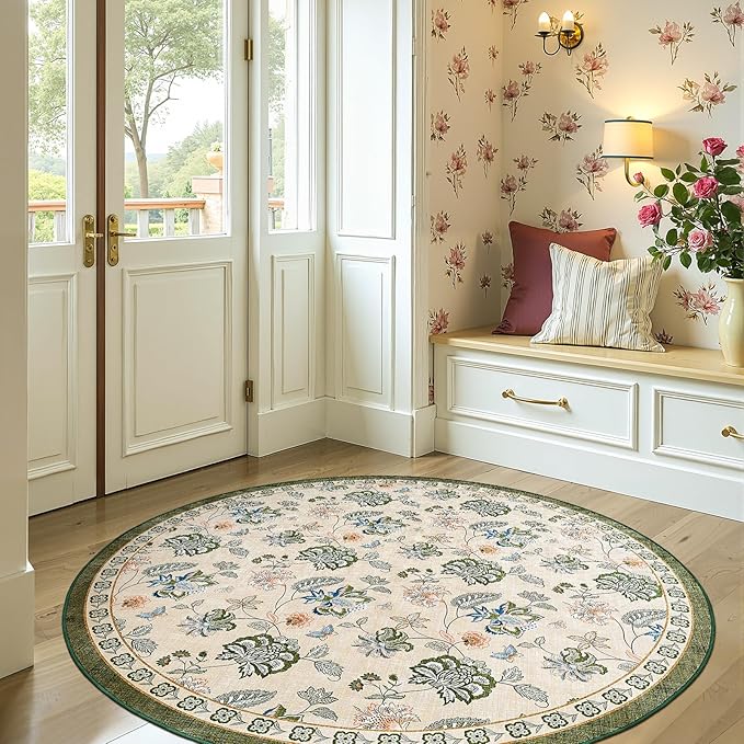 jinchan 6ft Floral Round Rug for Dining Room Washable Living Room Rug Vintage Romance Design Non Slip Indoor Floor Cover Lightweight Low-Profile Throw Carpet for Bedroom Porch Patio, Green/Beige-CubbioJoy