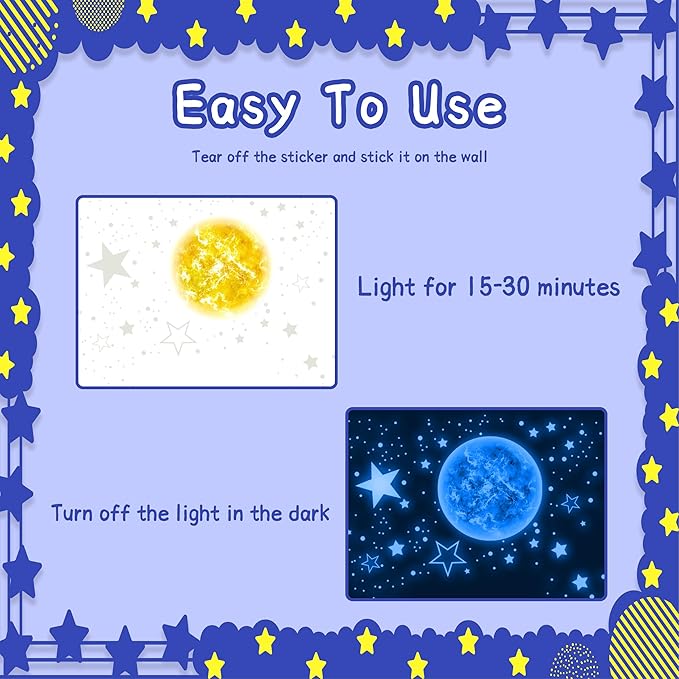 965 PCS Glow in The Dark Stars and Sun for Ceiling, Luminous Stars and Planet Wall Decals, Kids Room Decor, Glowing Galaxy Wall Stickers for Nursery Decorations (Blue)-CubbioJoy