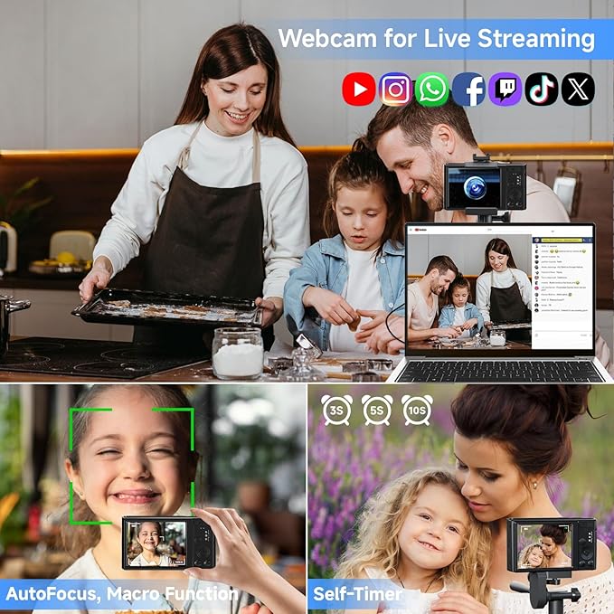 Digital Camera 4K, Upgrade Black Cameras for Teens, Autofocus Digital Point and Shoot Camera for Kids with 16X Zoom, 64GB SD Card, Compact Small Camera for Boys Girls Teens Kids Gift-CubbioJoy