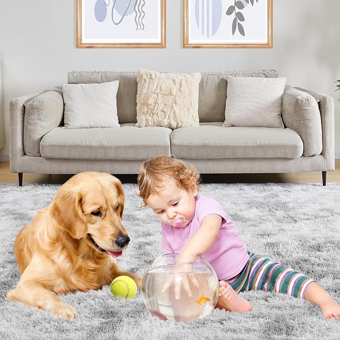 9x12 Area Rugs for Living Room, Ultra Soft Fluffy Rugs for Bedroom, Anti-Skid High Pile Indoor Carpet for Nursery, Study Room, Playroom, Home Decoration, Tie-Dyed Light Grey-CubbioJoy