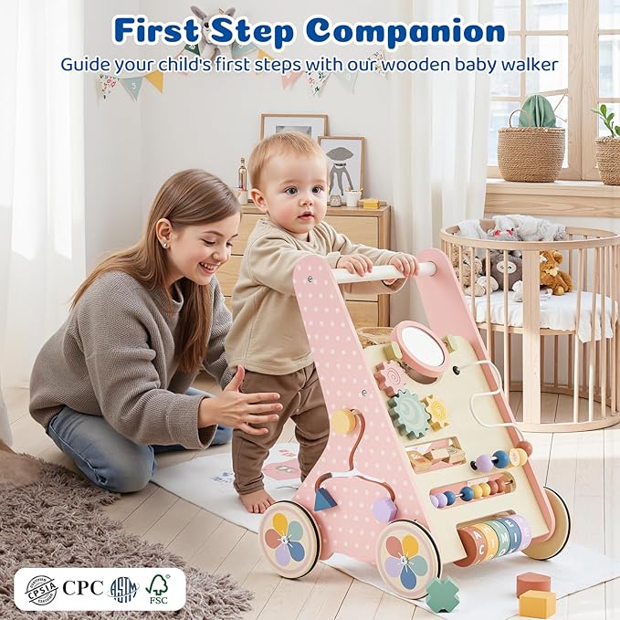Baby Push Walker for Baby Boy 6-12 Months, Wooden Baby Walker Push Toy, Learning to Walk, Baby Walkers for Girls, Montessori Walker Toy with Wheels-CubbioJoy