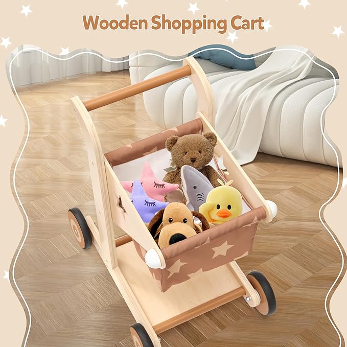 Asweets 2 in 1 Wooden Baby Walker Push and Pull Doll Stroller, Shopping Cart Learning Walker for Boys and Girls, Sit Stand Learning Toddler Toy (Brown)-CubbioJoy