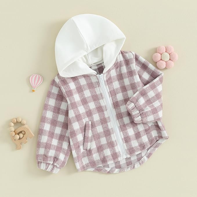 Douhoow Toddler Baby Plaid Jacket Baby Boy GIrl Flannel Hoodies Zip Up Hooded Fall Winter Outerwear Coat-CubbioJoy