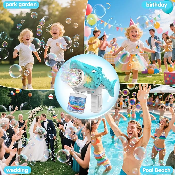 Automatic Bubble Machine Gun for Kids with 2 Bottles 5 Bags of Refill Solution Lights ElectricShark Bubble Gun Toys Outdoor Toys Gifts Wedding Easter Party Favor-CubbioJoy